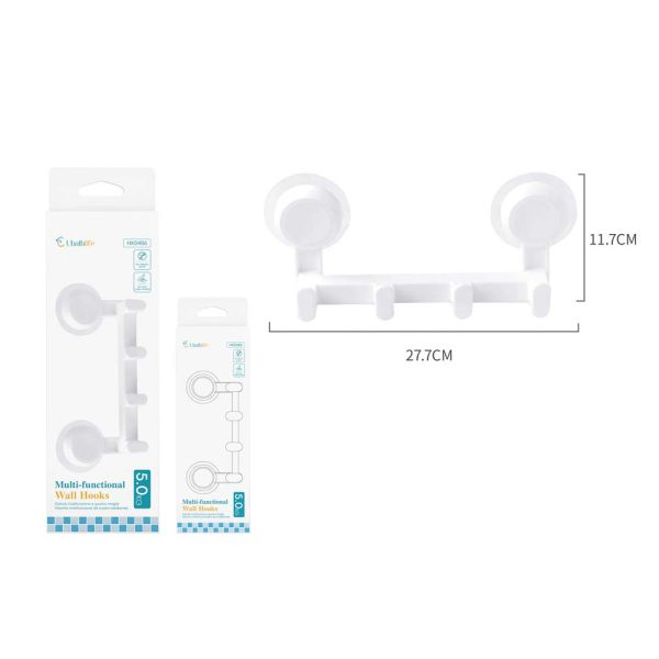 HK0486 Colgador de 4 ganchos con adhesivo - Blanco y gris