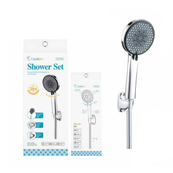 SH1028 Set de ducha con alcachofa hexagonal, base y flexo 1.5m - Plata