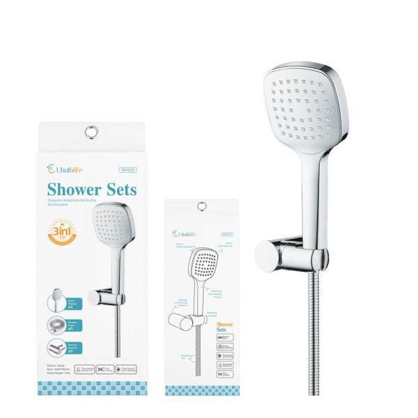 SH1031 Set de ducha con alcachofa redonda, base y flexo 1.5m - Plata