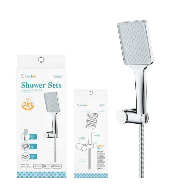 SH1033 Set de ducha con alcachofa cuadrada, base y flexo 1.5m - Plata