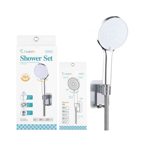 SH1036 Set de ducha con alcachofa 5 velocidades, base y flexo 1.5m - Plata