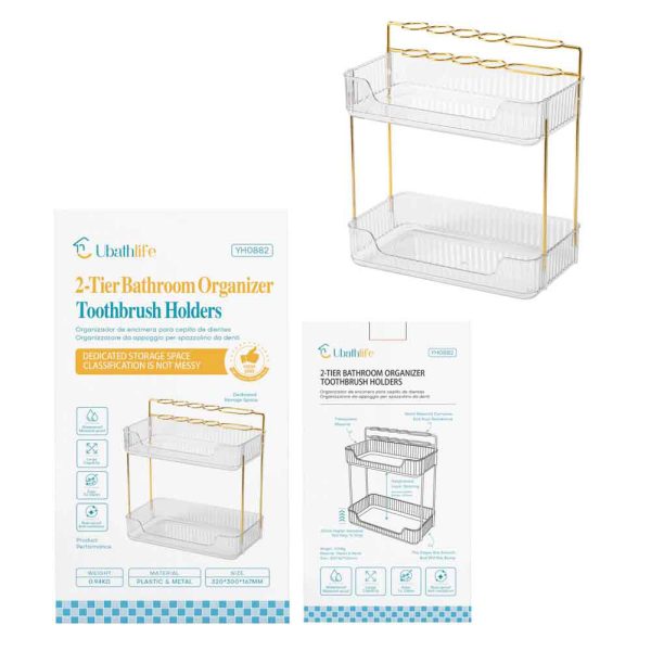 YH0882 Portacepillo de dientes con adhesivo 2 estantes - Transparente
