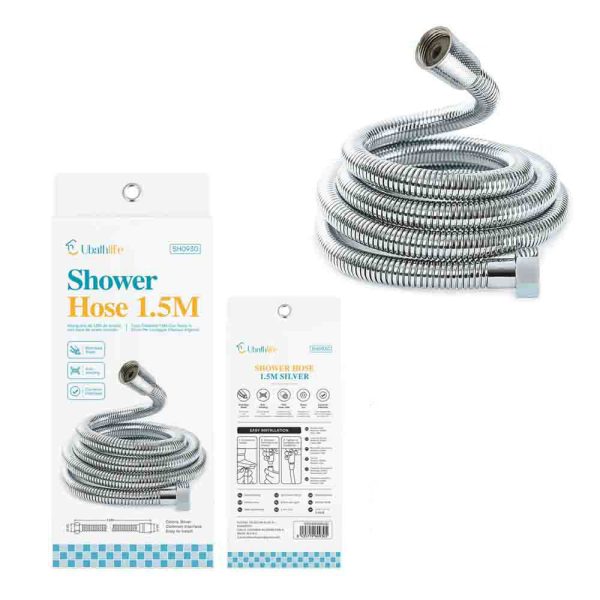 SH0930 Flexo de ducha de 1.5m con tapón de acero - Plata