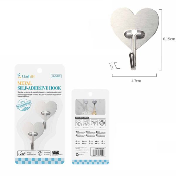 HY0949 Colgador con adhesivo corazón 2pcs - Plata