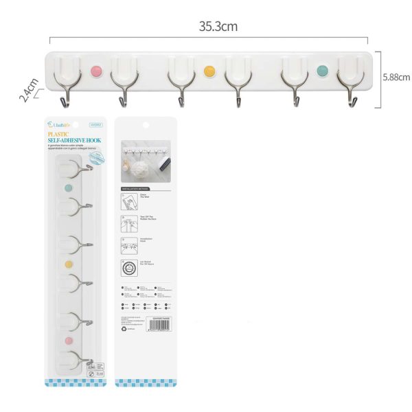 HY0957 Colgador de 6 ganchos con adhesivo - Blanco