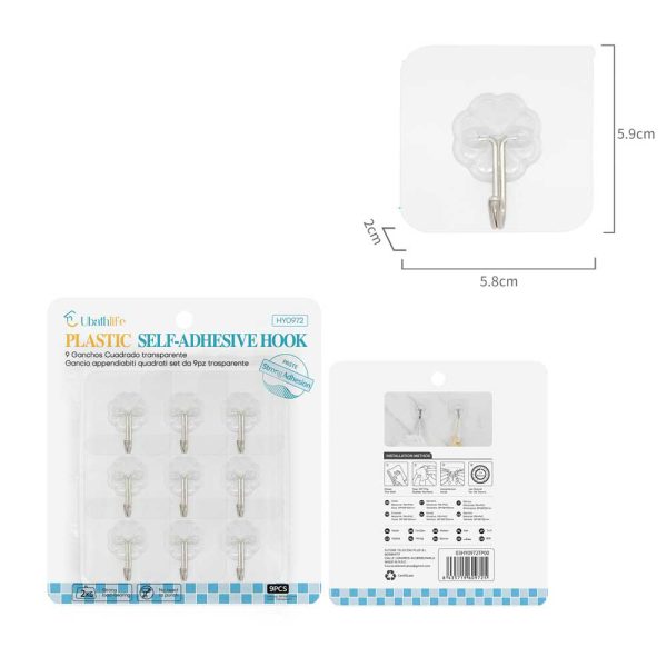 HY0972 Colgador cuadrado con adhesivo 9pcs - Transparente