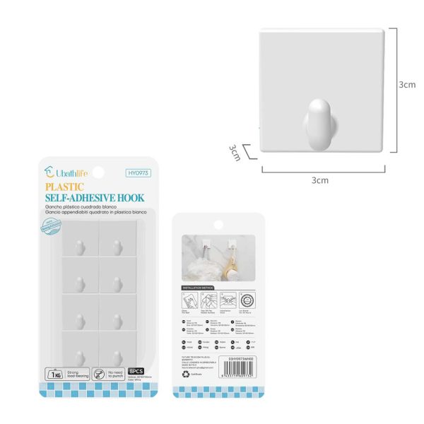 HY0973 Colgador cuadrado con adhesivo 8pcs - Blanco