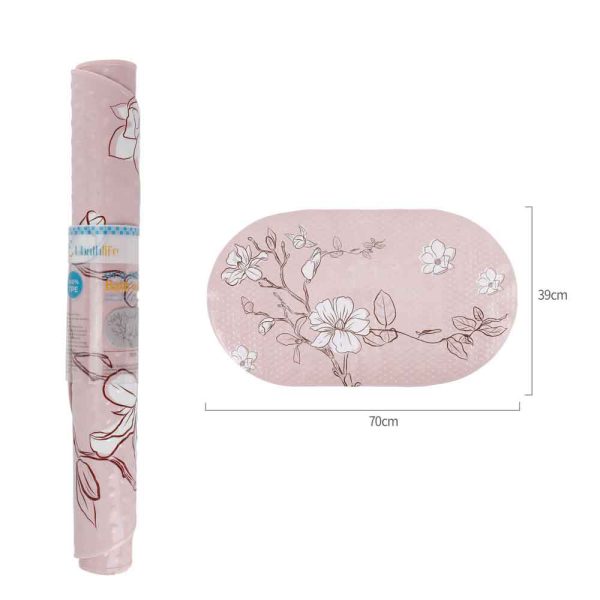 BM0182 Alfombra de baño de 70x39cm antidelizante ovalada estampado - Flores rosa claro