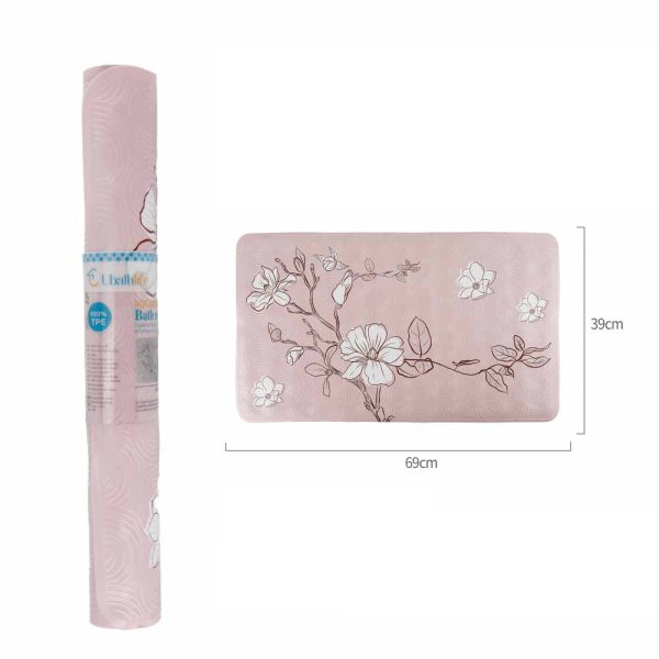 BM0181 Alfombra de baño de 69x39cm antidelizante rectangular estampado - Flores rosa claro