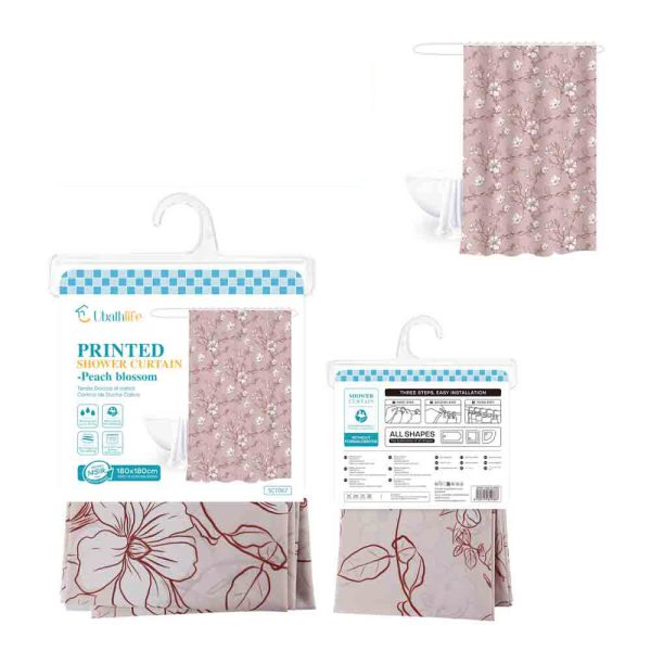 SC1067 Cortina de ducha de 180x180cm de EVA+PE estampado - Flores rosa claro